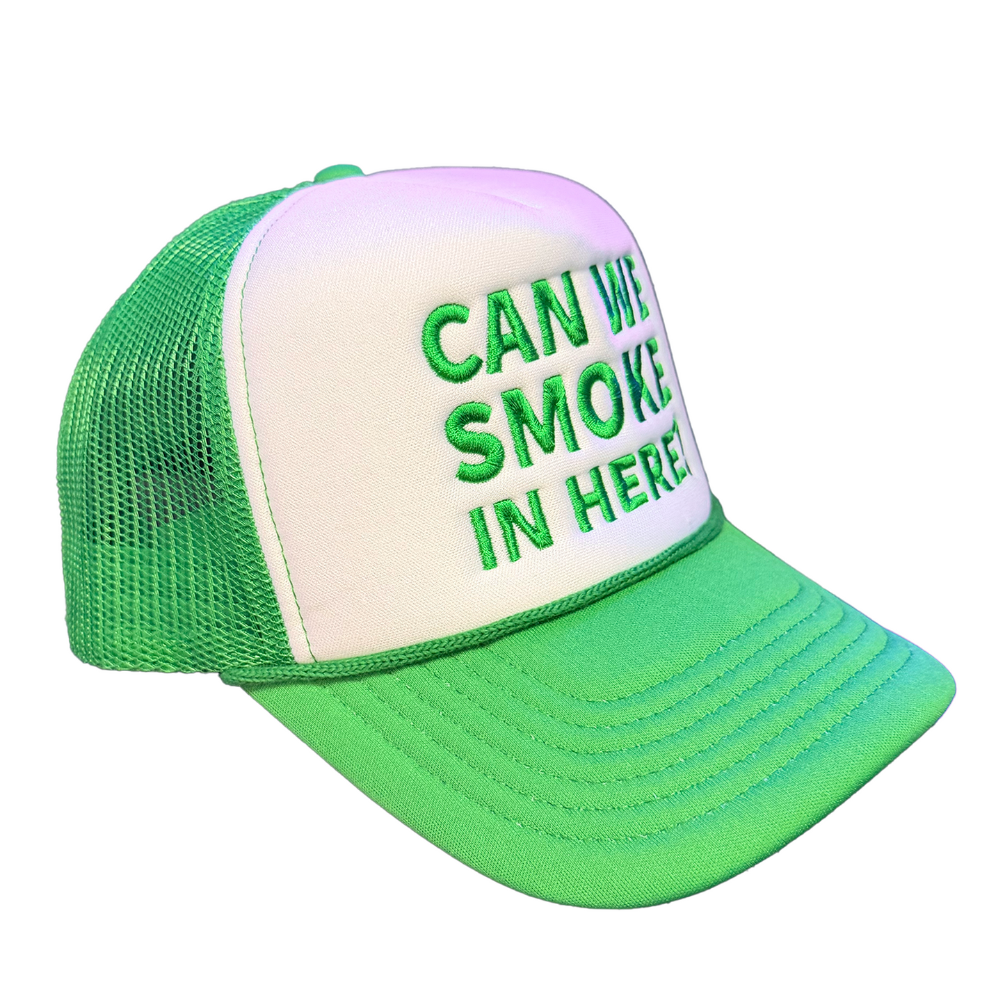 Can We Smoke In Here? Embroidered Trucker Hat White/Green