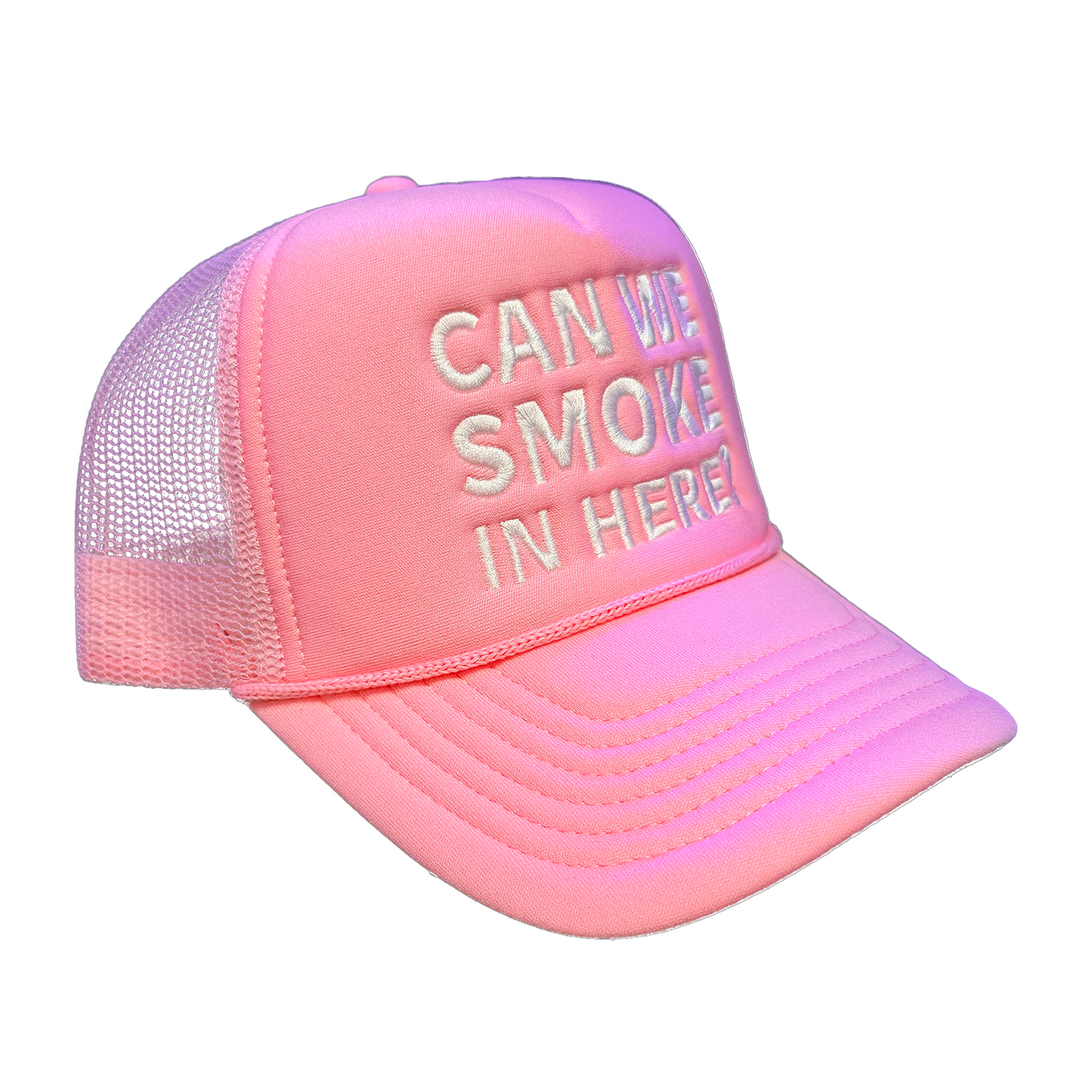 Can We Smoke In Here? Embroidered Trucker Hat Pink