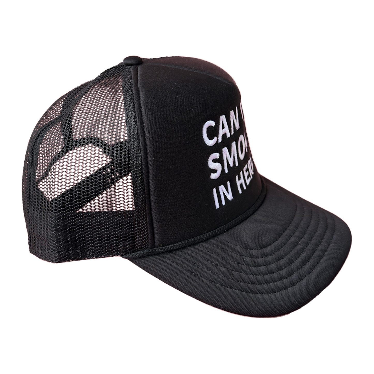 Can We Smoke In Here? Embroidered Trucker Hat Black