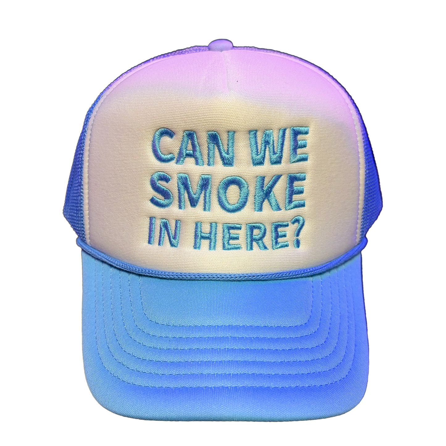 Can We Smoke In Here? Embroidered Trucker Hat White/Blue