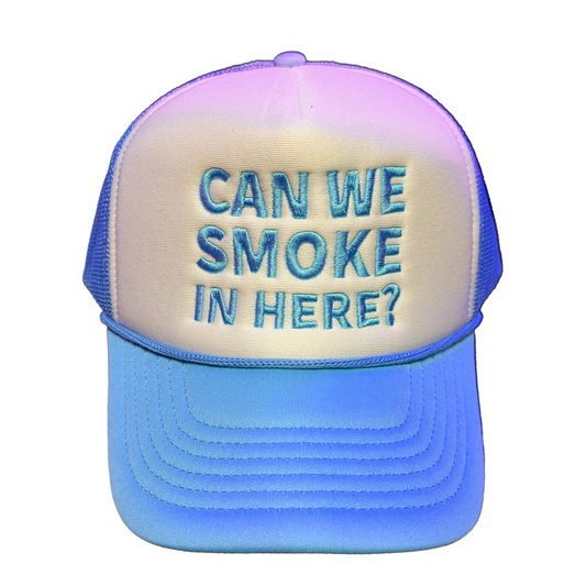 Can We Smoke In Here? Embroidered Trucker Hat White/Blue