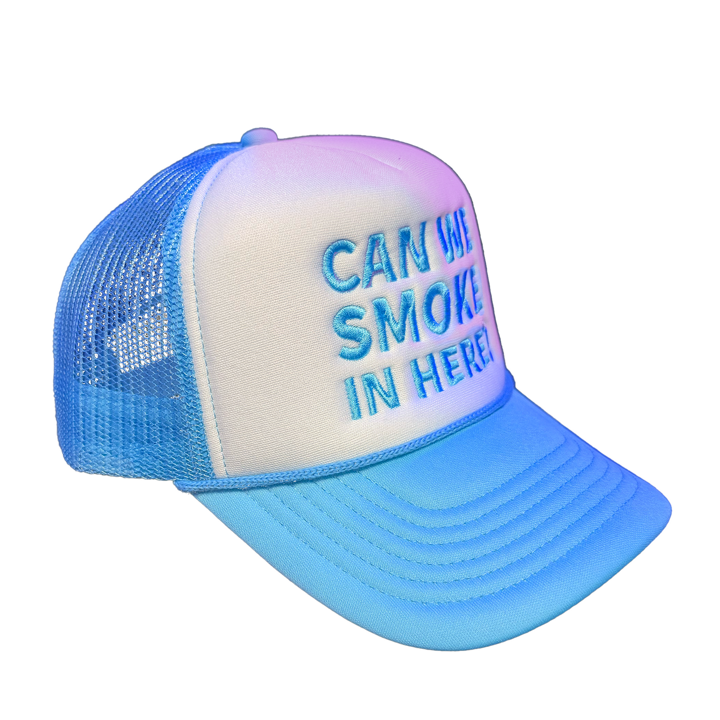 Can We Smoke In Here? Embroidered Trucker Hat White/Blue