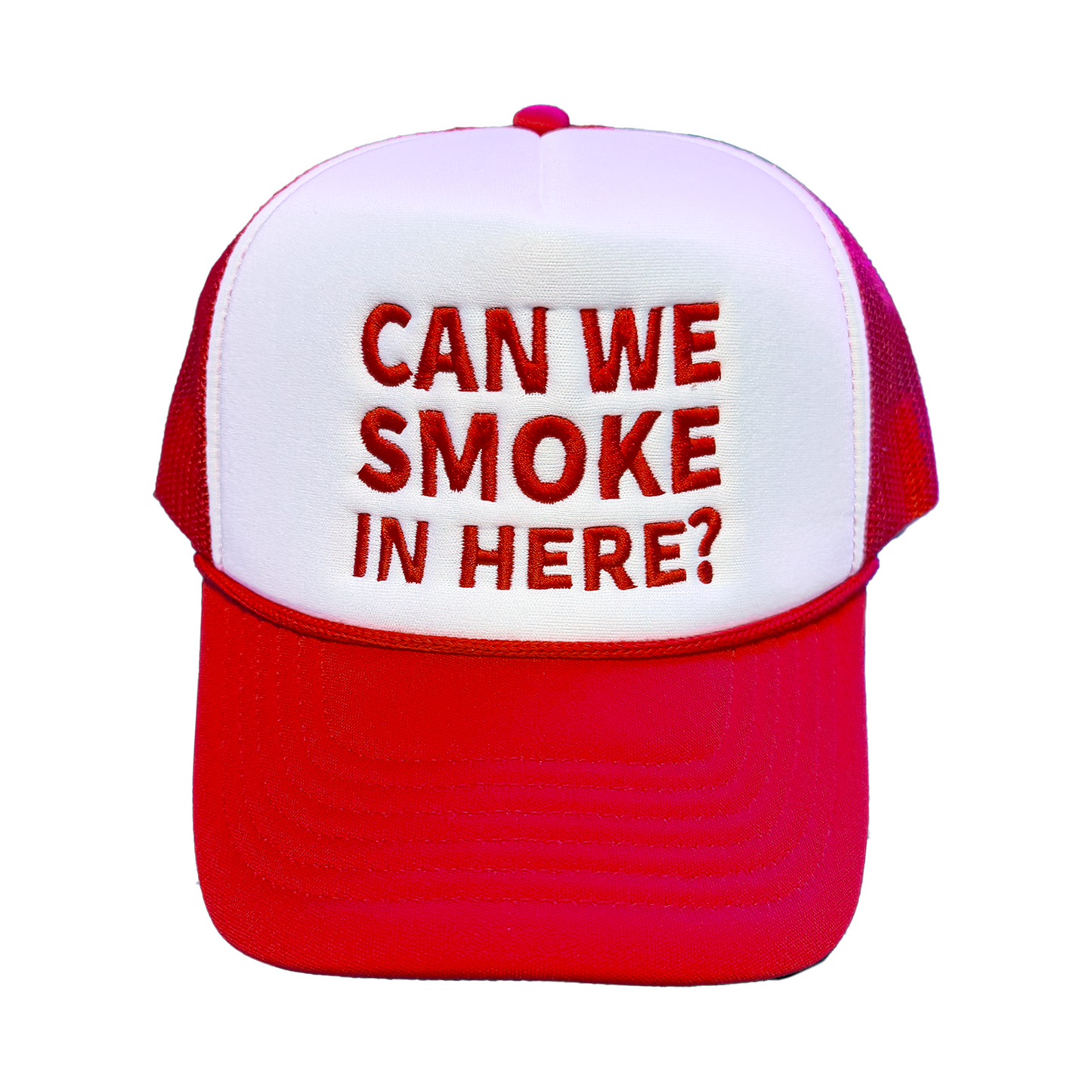 Can We Smoke In Here? Embroidered Trucker Hat White/Red