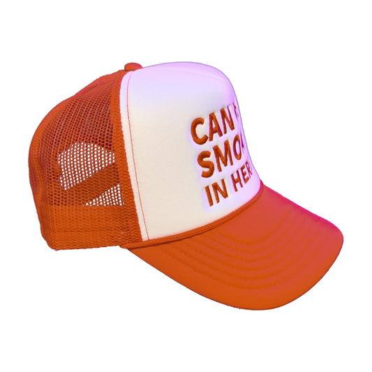 Can We Smoke In Here? Embroidered Trucker Hat White/Red